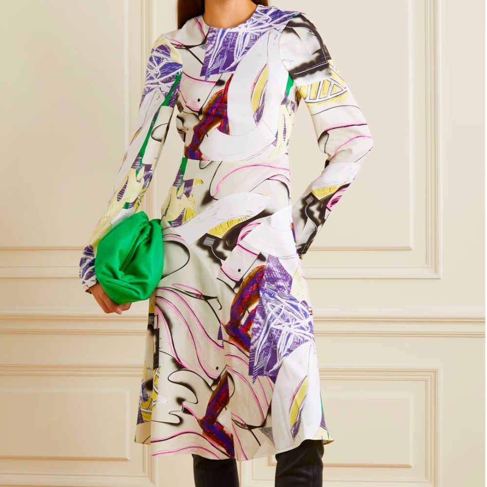 Stella McCartney $1795 Abstract Printed Satin Midi Tilted Dress